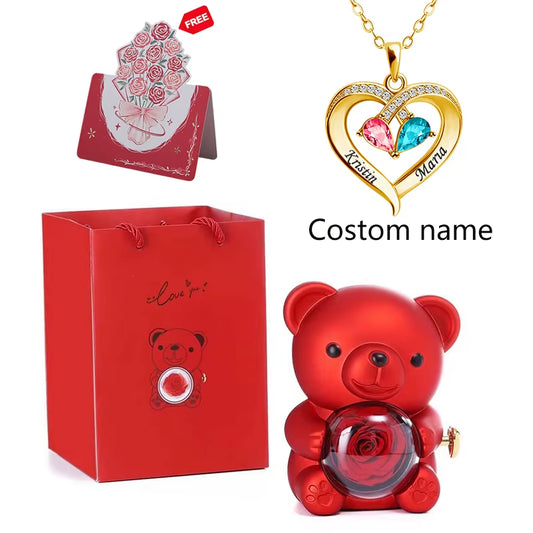 Eternal Rose Bear Gifts Box with Necklace Rotate Rose Jewelry Box Valentine Wedding Storage Gift Case for Women Girlfriend